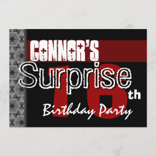 Surprise 16th Birthday Modern Red Black Stars v10 Invitation