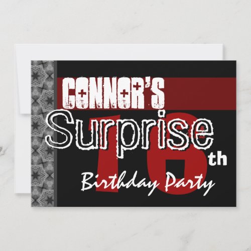 Surprise 16th Birthday Modern Red Black Stars v10 Personalized Invitations