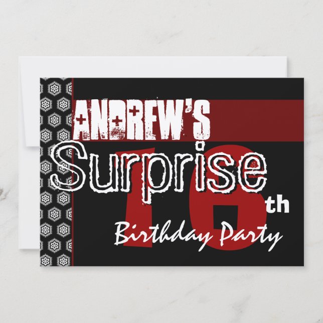 Surprise 16th Birthday Modern Red White Black Invitation (Front)