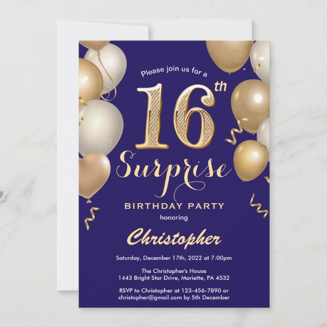Surprise 16th Birthday Navy Blue and Gold Balloons Invitation (Front)