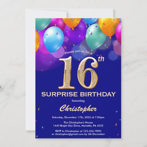 Surprise 16th Birthday Navy Blue and Gold Balloons Invitation