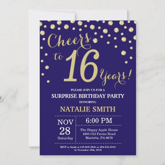 Surprise 16th Birthday Navy Blue and Gold Diamond Invitation (Front)