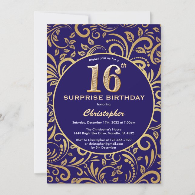 Surprise 16th Birthday Navy Blue and Gold Floral Invitation (Front)
