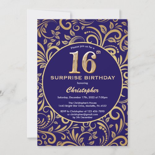 Surprise 16th Birthday Navy Blue and Gold Floral Invitation