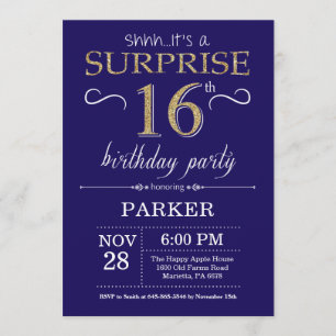 Surprise 16th Birthday Navy Blue and Gold Glitter Invitation
