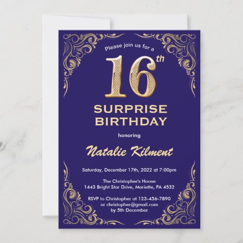 Surprise 16th Birthday Navy Blue and Gold Glitter Invitation