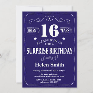 Surprise 16th Birthday Navy Blue and White Invitation