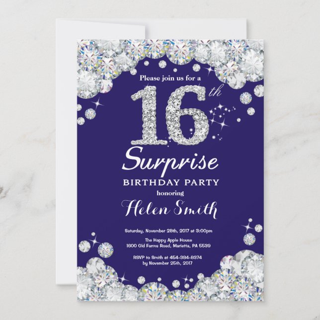 Surprise 16th Birthday Navy Blue Silver Diamond Invitation (Front)