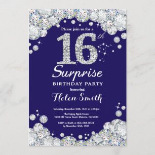Surprise 16th Birthday Navy Blue Silver Diamond Invitation