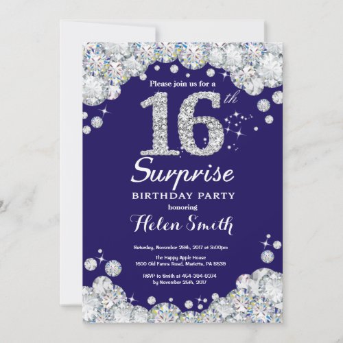 Surprise 16th Birthday Navy Blue Silver Diamond Invitation