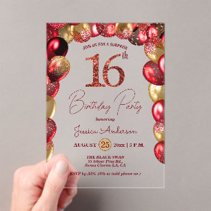 Surprise 16th Birthday Party Gold Burgundy Glitter Acrylic Invitations