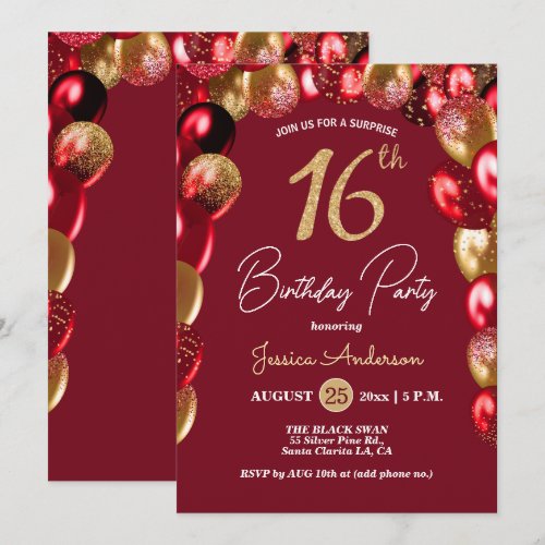 Surprise 16th Birthday Party Gold Burgundy Glitter Invitation