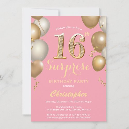 Surprise 16th Birthday Pink and Gold Balloons Invitation