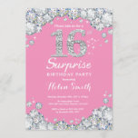 Surprise 16th Birthday Pink and Silver Diamond Invitation<br><div class="desc">Surprise 16th Birthday Invitation. Pink and Silver Rhinestone Diamond Red Background. Elegant Birthday Bash invite. Adult Birthday. Women Birthday. Men Birthday. For further customization,  please click the "Customize it" button and use our design tool to modify this template.</div>