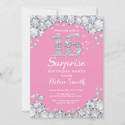 Surprise 16th Birthday Pink and Silver Diamond Invitation