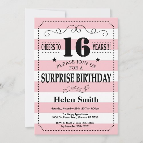 Surprise 16th Birthday Pink and White Stripes Invitation