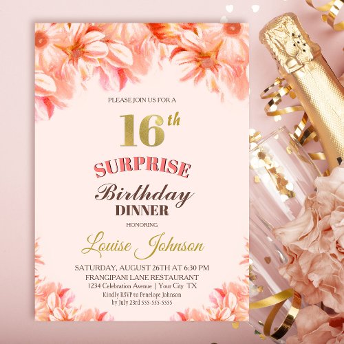 Surprise 16th Birthday Pink Gold Floral Dinner Invitation