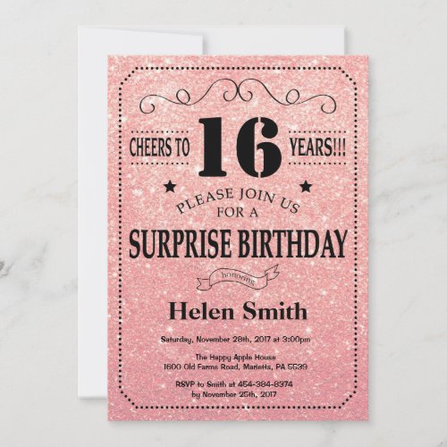 Surprise 16th Birthday Pink Rose Gold Glitter Invitation