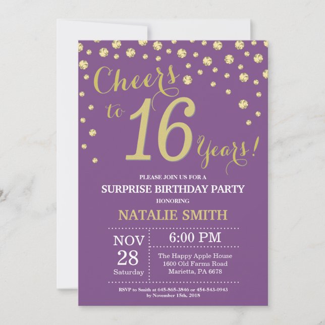 Surprise 16th Birthday Purple and Gold Diamond Invitation (Front)