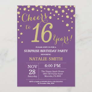 Surprise 16th Birthday Purple and Gold Diamond Invitation