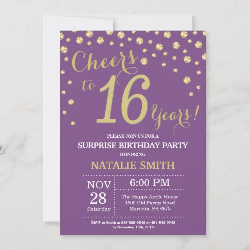 Surprise 16th Birthday Purple and Gold Diamond Invitation