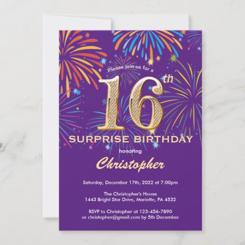 Surprise 16th Birthday Purple and Gold Firework Invitation