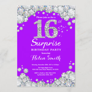 Surprise 16th Birthday Purple and Silver Diamond Invitation
