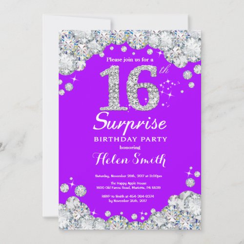 Surprise 16th Birthday Purple and Silver Diamond Invitation