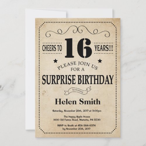 Surprise 16th Birthday Rustic Vintage Retro Invitation