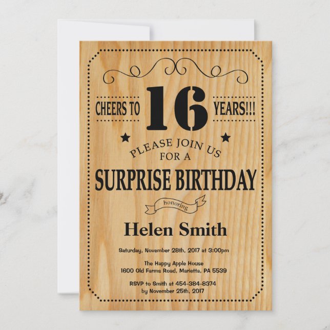 Surprise 16th Birthday Rustic Wood Invitation (Front)
