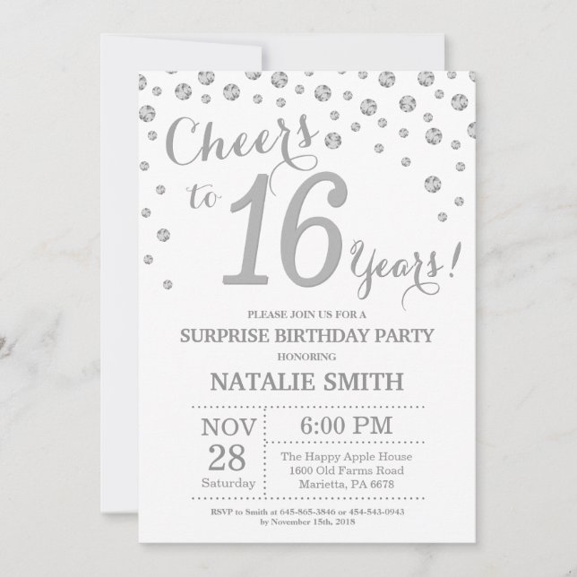 Surprise 16th Birthday Silver Glitter Diamond Invitation (Front)