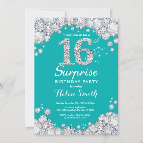 Surprise 16th Birthday Teal and Silver Diamond Invitation