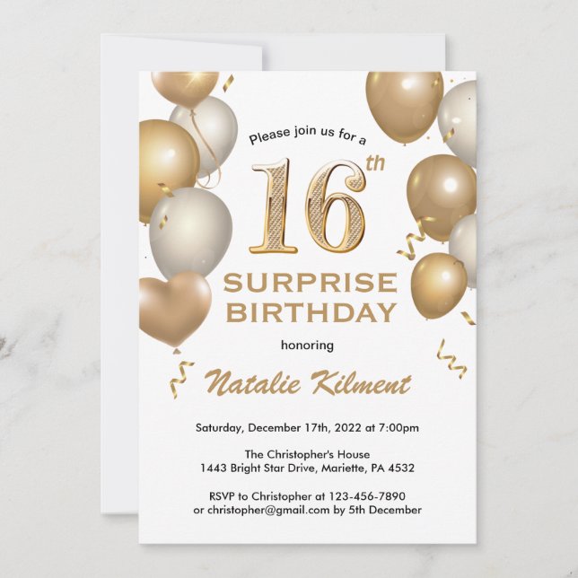 Surprise 16th Birthday White and Gold Balloons Invitation (Front)