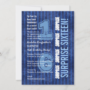 SURPRISE 16th Modern Birthday Blue Stripes W554 Invitation