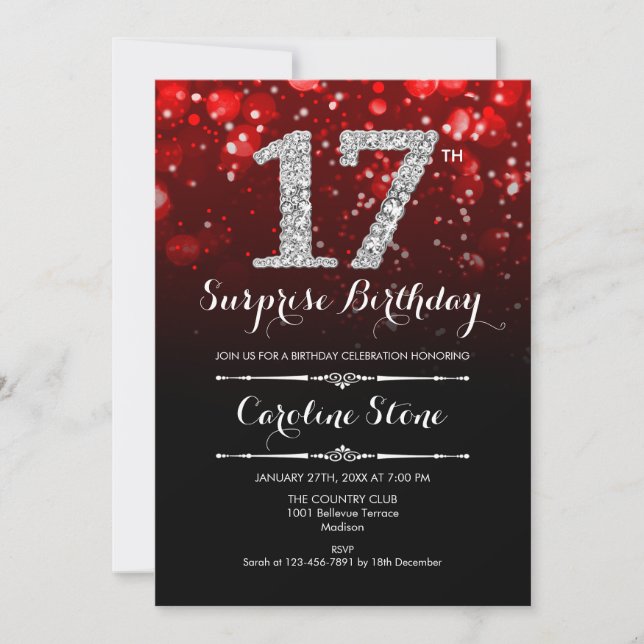 Surprise 17th Birthday - Black Red Silver Invitation (Front)