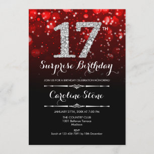 Surprise 17th Birthday - Black Red Silver Invitation