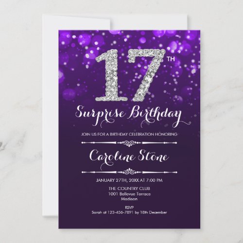 Surprise 17th Birthday _ Purple Silver Invitation