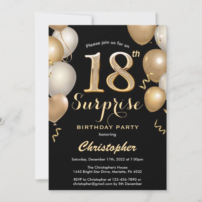 Surprise 18th Birthday Black and Gold Balloons Invitation (Front)