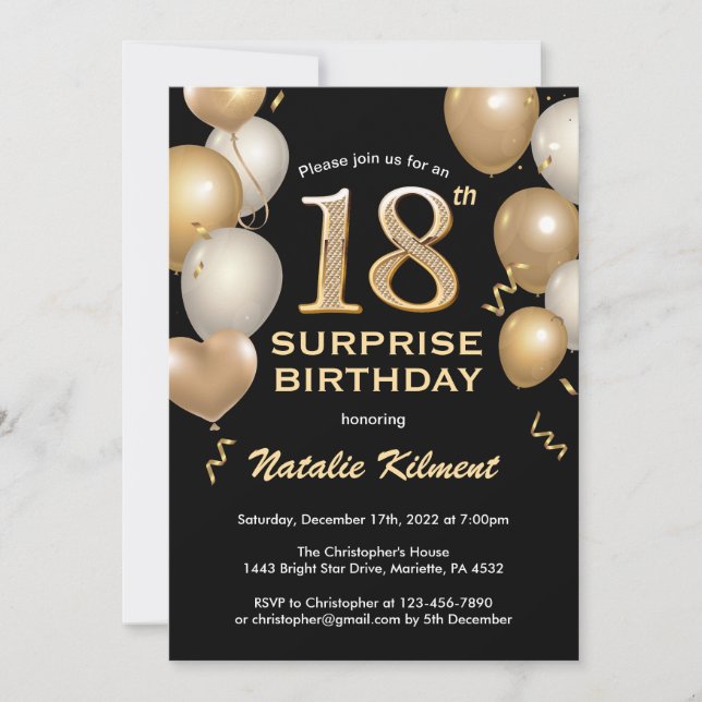 Surprise 18th Birthday Black and Gold Balloons Invitation (Front)