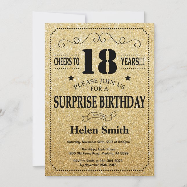 Surprise 18th Birthday Black and Gold Glitter Invitation (Front)