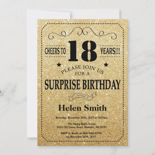 Surprise 18th Birthday Black and Gold Glitter Invitation