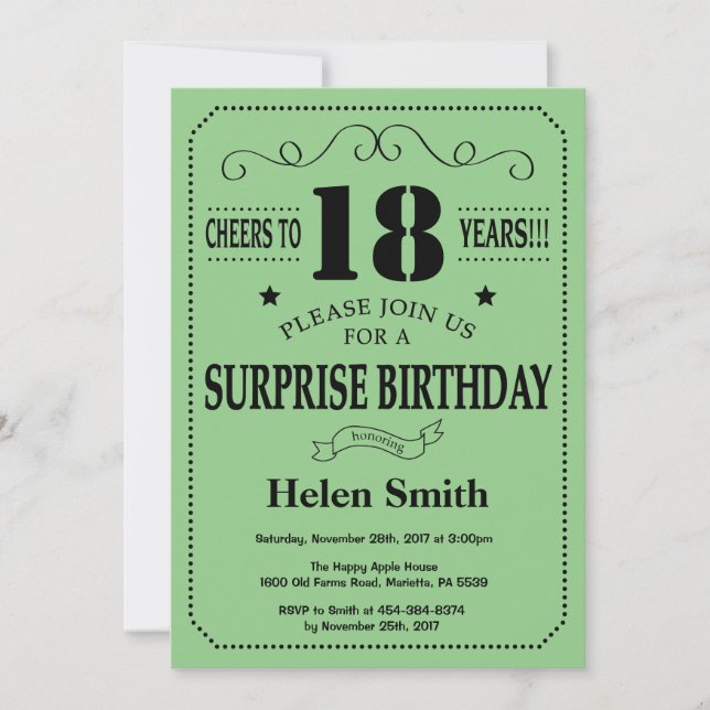 Surprise 18th Birthday Black and Green Invitation (Front)