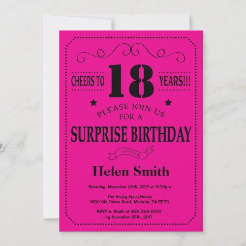 Surprise 18th Birthday Black and Hot Pink Invitation