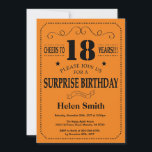 Surprise 18th Birthday Black and Orange Invitation<br><div class="desc">Surprise 18th Birthday Invitation Black and Orange Typography. Black and Orange Background. Adult Birthday. Male Men or Women Birthday. Kids Boy or Girl Lady Teen Teenage Bday Invite. 13th 15th 16th 18th 20th 21st 30th 40th 50th 60th 70th 80th 90th 100th. Any Age. For further customization, please click the "Customize...</div>