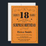 Surprise 18th Birthday Black and Orange Invitation<br><div class="desc">Surprise 18th Birthday Invitation Black and Orange Typography. Black and Orange Background. Adult Birthday. Male Men or Women Birthday. Kids Boy or Girl Lady Teen Teenage Bday Invite. 13th 15th 16th 18th 20th 21st 30th 40th 50th 60th 70th 80th 90th 100th. Any Age. For further customization, please click the "Customize...</div>