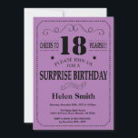 Surprise 18th Birthday Black and Purple Invitation<br><div class="desc">Surprise 18th Birthday Invitation Black and Purple Typography. Black and Purple Lilac Lavender Violet Background. Adult Birthday. Male Men or Women Birthday. Kids Boy or Girl Lady Teen Teenage Bday Invite. 13th 15th 16th 18th 20th 21st 30th 40th 50th 60th 70th 80th 90th 100th. Any Age. For further customization, please...</div>