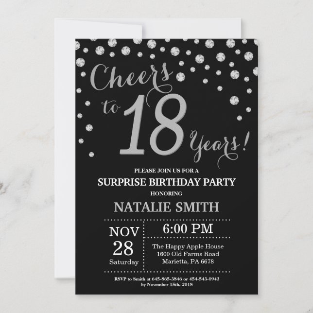Surprise 18th Birthday Black and Silver Diamond Invitation (Front)