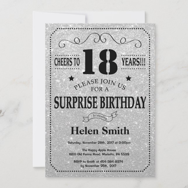 Surprise 18th Birthday Black and Silver Glitter Invitation (Front)
