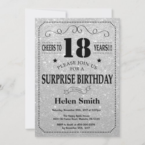 Surprise 18th Birthday Black and Silver Glitter Invitation