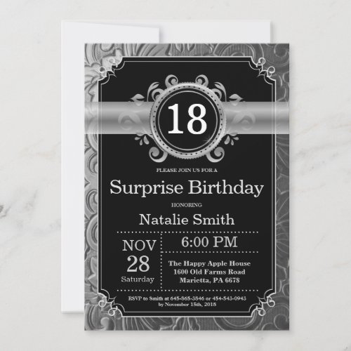 Surprise 18th Birthday Black and Silver Glitter Invitation